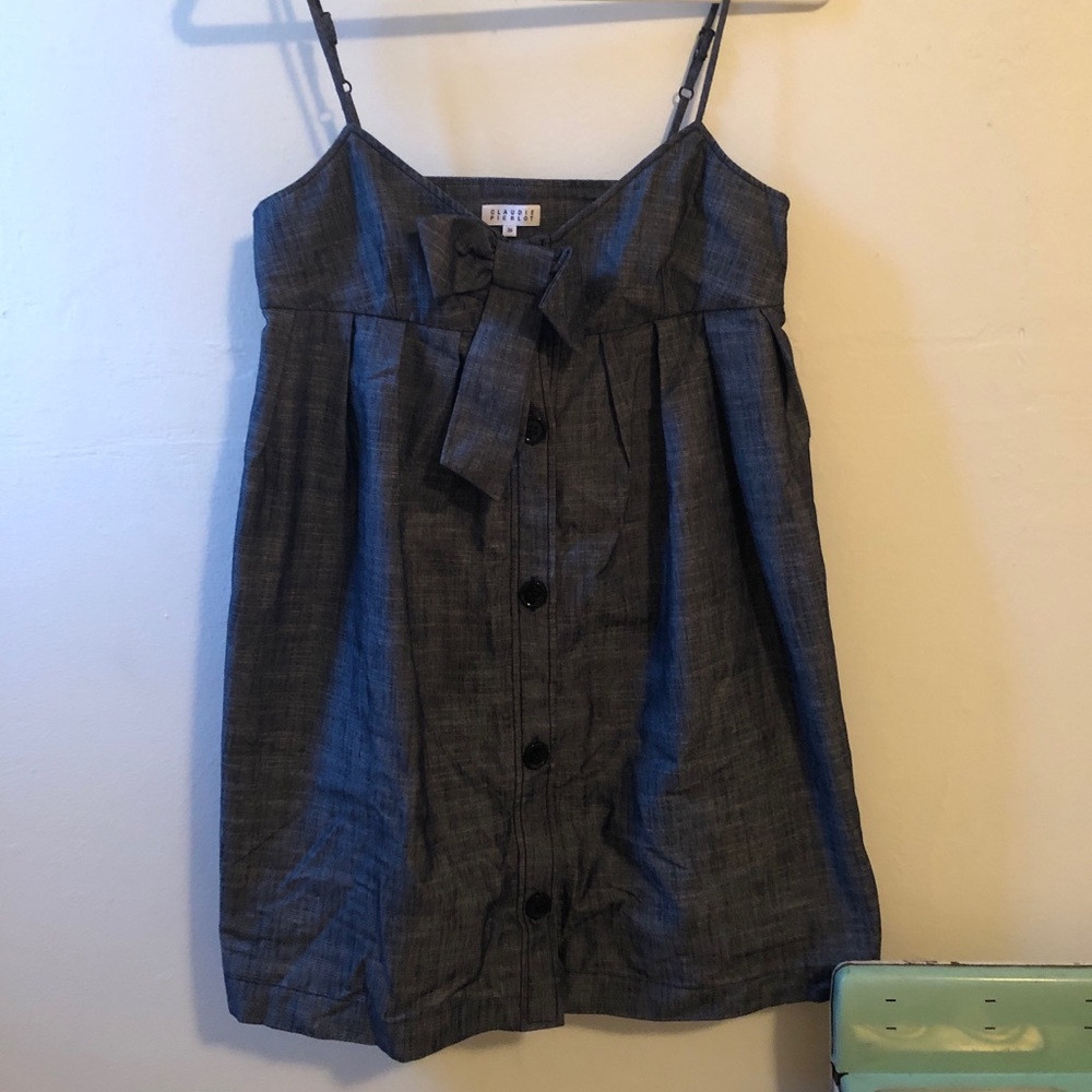 Navy button front bow dress